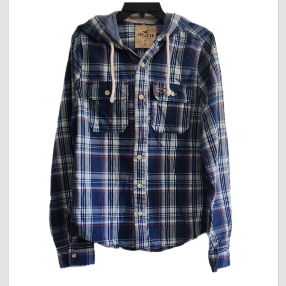 Hollister Vintage Y2k Men's Navy and White Plaid Button Down